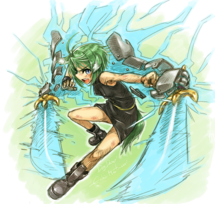 ahoge animal_ears armor blue_eyes blush breasts dog_days dog_ears dog_girl dog_tail dual_wielding eclair_martinozzi energy_sword green_hair holding medium_breasts open_mouth ryou_(shirotsumesou) scratches short_hair solo sword tail weapon