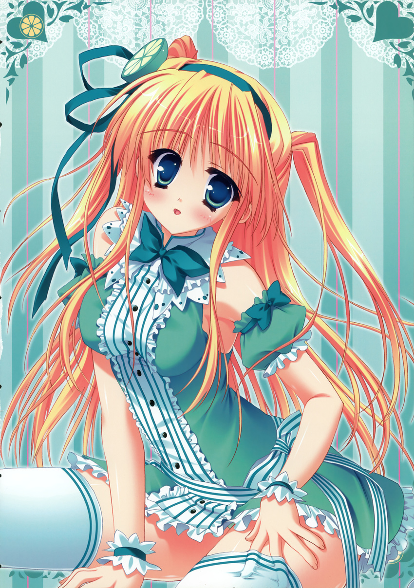 1girl absurdres blonde_hair blue_eyes blush copyright_request dress food fruit green_dress green_skirt hair_ribbon heart highres hinamatsuri_touko lace lime_(fruit) ribbon skirt striped striped_background thighhighs two_side_up white_legwear wrist_cuffs