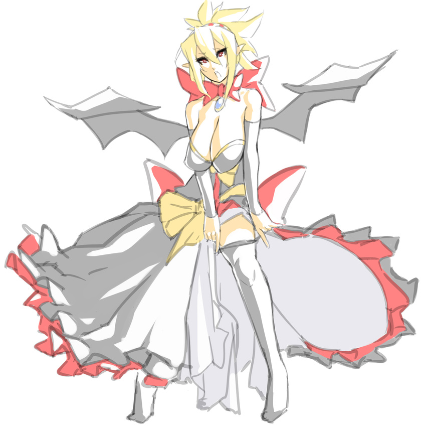 1girl bare_shoulders bat_wings blonde_hair bow breasts cleavage demon_girl detached_sleeves disgaea dress dress_lift eu03 frills hanging_breasts highres huge_breasts jewelry makai_senki_disgaea_2 nippon_ichi pointy_ears ponytail red_eyes rozalin short_hair sketch solo thighhighs wings