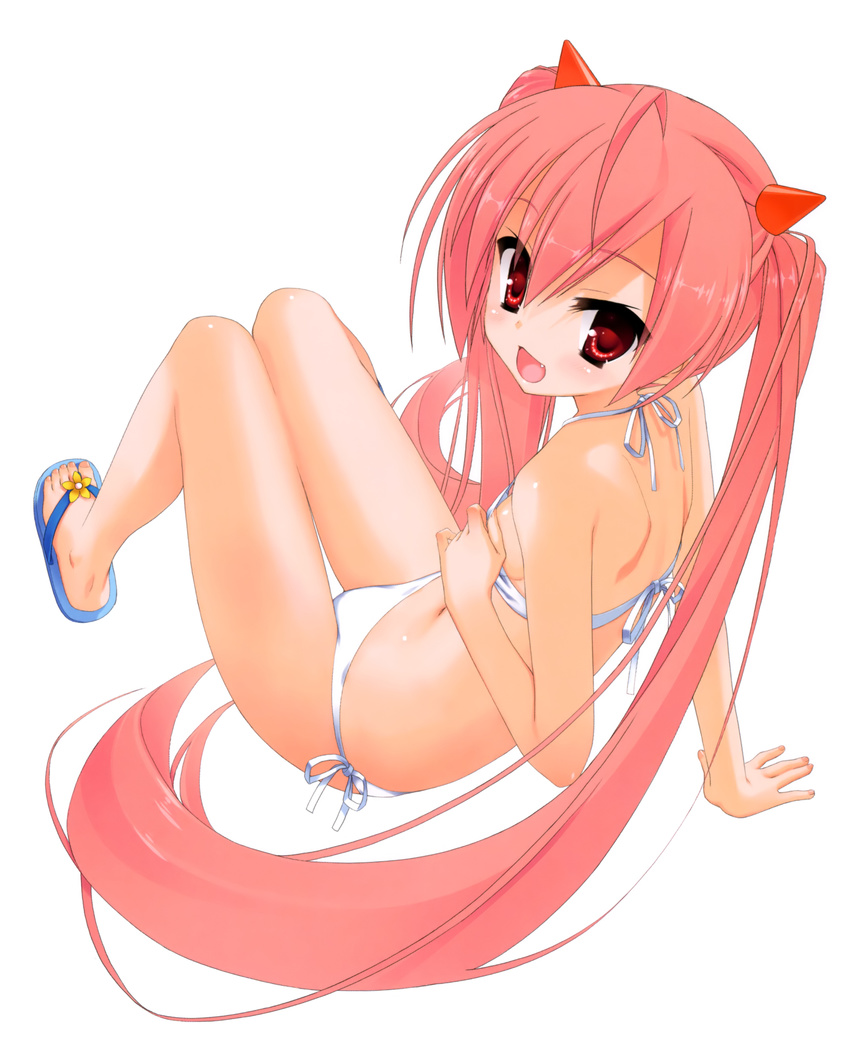 :d absurdres ahoge arm_support bare_shoulders bikini fang flat_chest full_body hidan_no_aria highres kanzaki_h_aria knees_together_feet_apart kobuichi leaning_back long_hair looking_at_viewer looking_back open_mouth pink_hair red_eyes sandals side-tie_bikini sitting smile solo swimsuit thigh_gap twintails very_long_hair white_bikini