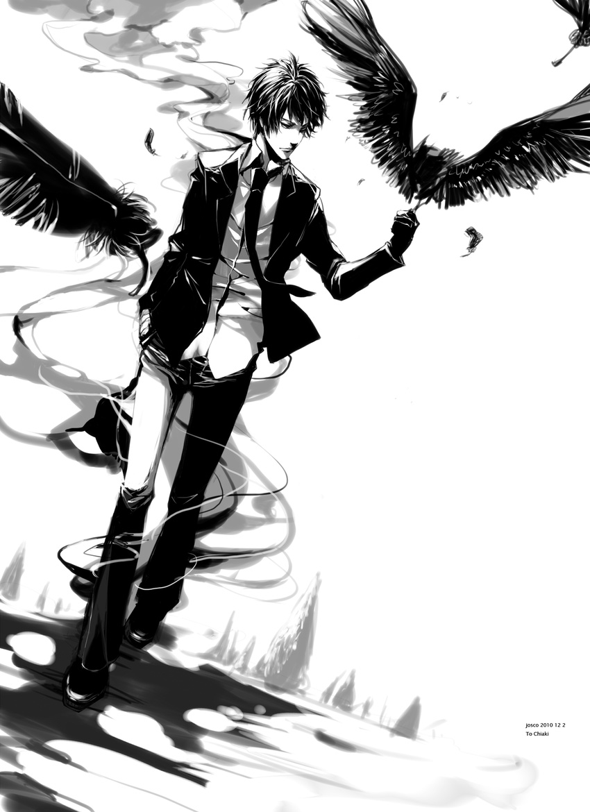 artist_name bad_id bad_pixiv_id bird black_gloves black_hair black_neckwear crow dated dutch_angle feathers formal gloves greyscale hand_in_pocket hibari_kyouya highres katekyo_hitman_reborn! looking_to_the_side male_focus monochrome necktie shoes simple_background sketch smoke solo suit walking wavesheep white_background