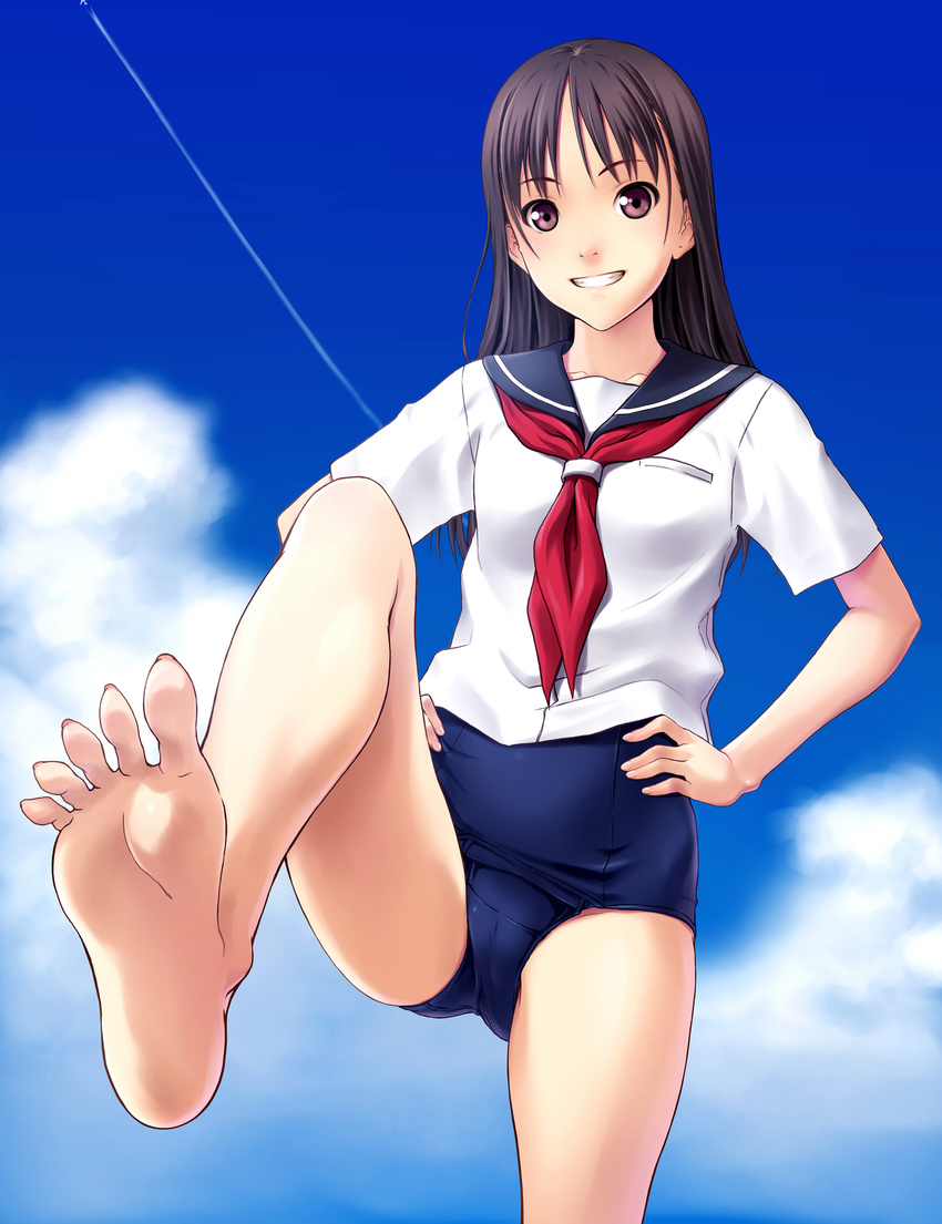 absurdres barefoot black_hair brown_eyes cloud condensation_trail day feet grin hands_on_hips highres long_hair norizou_type-r one-piece_swimsuit original pov_feet school_swimsuit school_uniform serafuku sky smile soles solo spread_toes swimsuit swimsuit_under_clothes toenails toes wiggling_toes