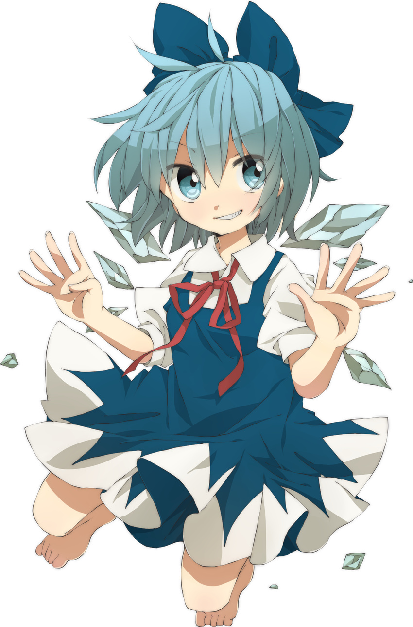 bad_id bad_pixiv_id blue_eyes blue_hair bow cirno dress hair_bow henki_(orange) highres ice ice_wings puffy_sleeves short_hair short_sleeves smile solo touhou wings