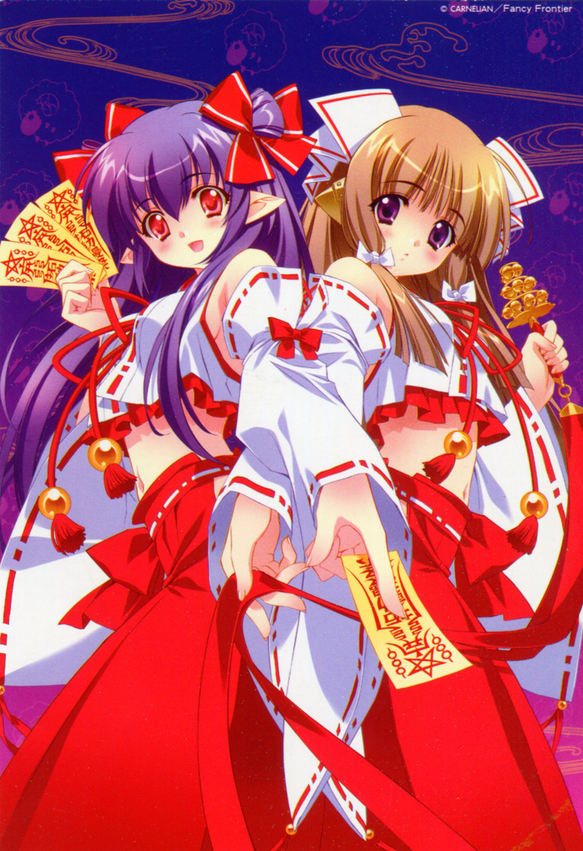 absurdres brown_hair carnelian fairy_factory hair_ornament hakama highres japanese_clothes miko multiple_girls ofuda pointy_ears purple_hair red_hakama ribbon scan seika_(fairy_factory) touka_(fairy_factory)