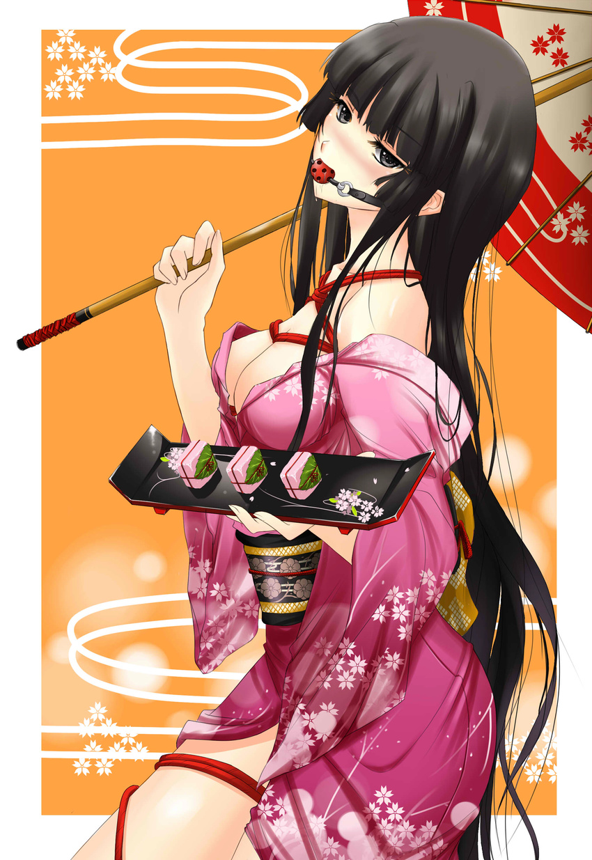 absurdres ball_gag bare_shoulders bdsm black_hair blush bondage bound breasts copyright_request food gag gagged grey_eyes highres hime_cut japanese_clothes kimono long_hair looking_at_viewer medium_breasts obi parasol red_rope rope sakura_mochi saliva sash shibari solo sushu umbrella wagashi