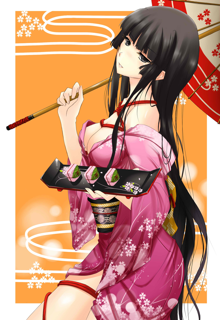 absurdres bare_shoulders bdsm black_hair blush breasts copyright_request food grey_eyes highres hime_cut japanese_clothes kimono long_hair looking_at_viewer medium_breasts obi parasol red_rope rope sakura_mochi sash shibari smile solo sushu umbrella wagashi