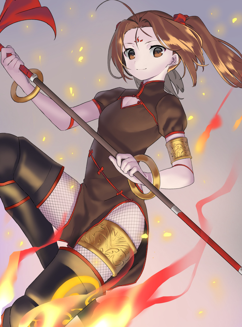 1girl absurdres ahoge boots brown_eyes brown_hair china_dress chinese_clothes dress facial_mark fate/grand_order fate_(series) fire fishnet_pantyhose fishnets flying forehead_mark highres kaerude123 nezha_(fate/grand_order) pantyhose polearm scrunchie smile spear thigh_boots thighhighs twintails weapon
