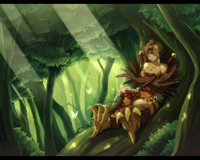 ars_goetia brown_hair caim_(mygrimoire) closed_eyes crossed_arms crossed_legs headband kyousaku mygrimoire short_hair sitting sleeping solo tree tribal