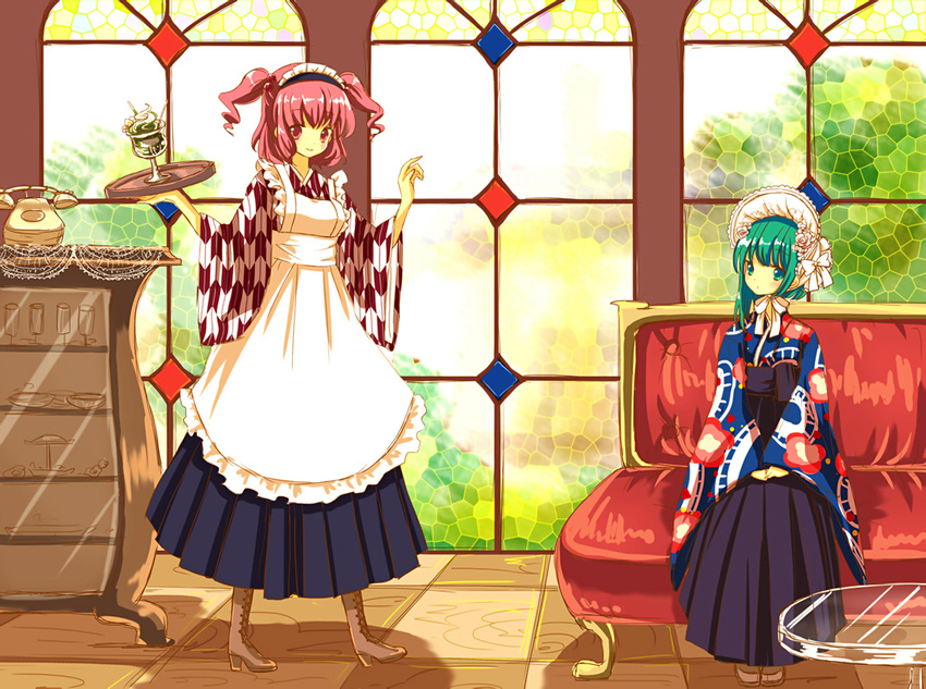 alternate_costume apron cabinet corded_phone couch cross-laced_footwear enmaided food glass green_eyes green_hair hair_bobbles hair_ornament hat japanese_clothes kinokobatake long_sleeves maid maid_headdress multiple_girls onozuka_komachi phone red_eyes red_hair rotary_phone shiki_eiki sitting touhou tray two_side_up wide_sleeves