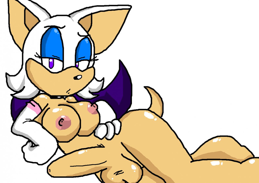 bat breasts dickgirl gloves hand_on_hip intersex lying mammal nipples nude on_side penis perverted_bunny plain_background purple_eyes rouge_the_bat sega solo sonic_(series) uncut white_background