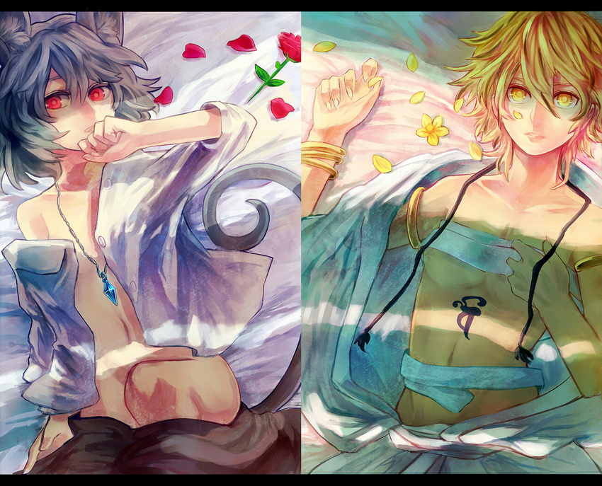 animal_ears bare_shoulders blonde_hair breasts cleavage flower grey_hair jewelry kotaro-nosuke mouse_ears mouse_tail multiple_girls nazrin red_eyes rose shirt short_hair small_breasts smile tail toramaru_shou touhou yellow_eyes