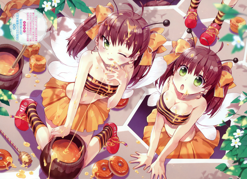:o ;q absurdres antennae blush breasts brown_hair chiba_sadoru cleavage copyright_request food green_eyes hair_ribbon highres honey honeypot leaf medium_breasts multiple_girls nail_polish one_eye_closed ribbon scan sexually_suggestive skirt socks sticky_fingers striped striped_legwear tongue tongue_out twintails wings