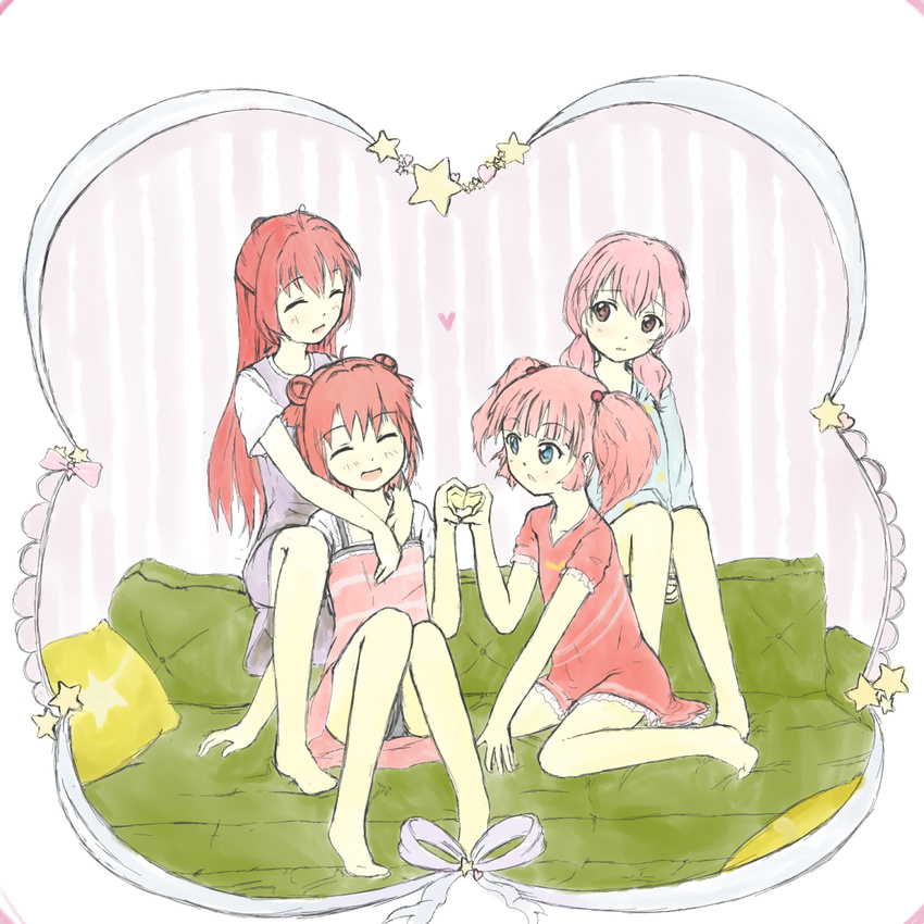 ^_^ akaza_akane akaza_akari bare_legs closed_eyes couch double_bun hair_bobbles hair_ornament hair_ribbon heart heart_hands heart_hands_duo lilien_kranz long_hair multiple_girls open_mouth pink_eyes pink_hair red_hair ribbon short_hair siblings sisters sitting smile star twintails wariza yoshikawa_chinatsu yoshikawa_tomoko yuri yuru_yuri