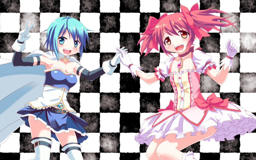 :d armpits bad_id bad_pixiv_id banned_artist blue_eyes blue_hair bow bubble_skirt cape checkered checkered_background gloves gonzaburou hair_bow highres holding_hands kaname_madoka magical_girl mahou_shoujo_madoka_magica miki_sayaka multiple_girls open_mouth pink_eyes pink_hair short_hair short_twintails skirt smile soul_gem thighhighs twintails v zettai_ryouiki