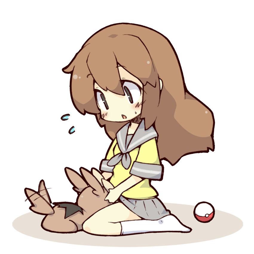 blush brown_hair chibi flying_sweatdrops haetorisou highres lass_(pokemon) lillipup long_hair nintendo npc npc_trainer open_mouth poke_ball pokemon pokemon_(game) pokemon_bw school_uniform sitting skirt socks sweatdrop tail tail_wagging trainer_class under_skirt