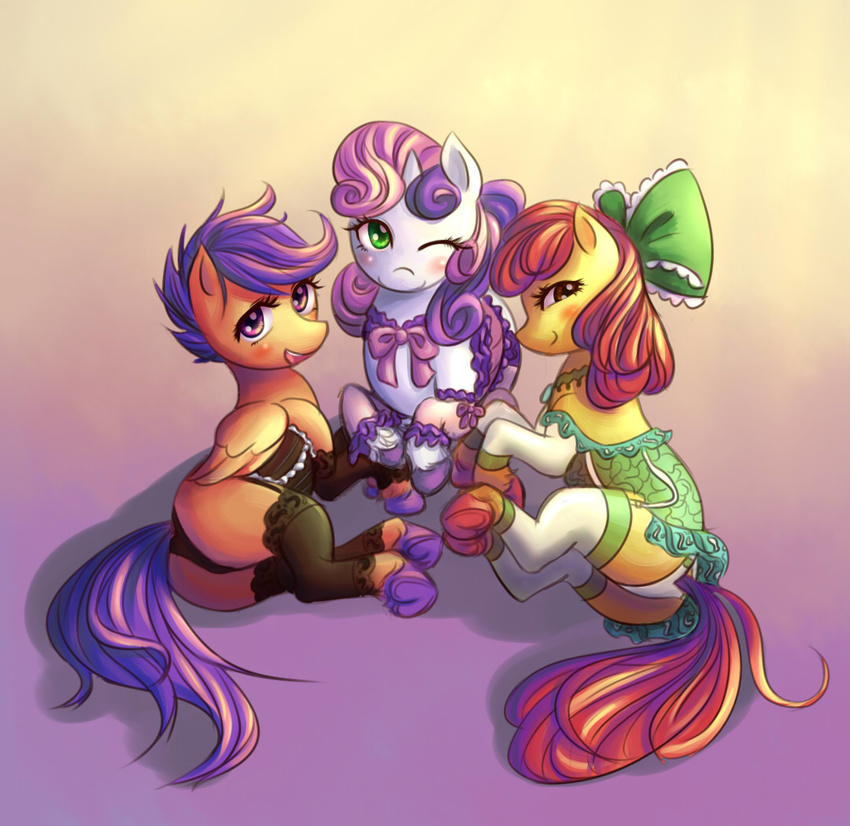 2012 apple_bloom_(mlp) blush corset cub cutie_mark_crusaders_(mlp) equine female feral friendship_is_magic garter_straps group horn horse legwear lingerie looking_at_viewer mammal my_little_pony panties pegasus ponilove pony scootaloo_(mlp) stockings sweetie_belle_(mlp) underwear unicorn wings young