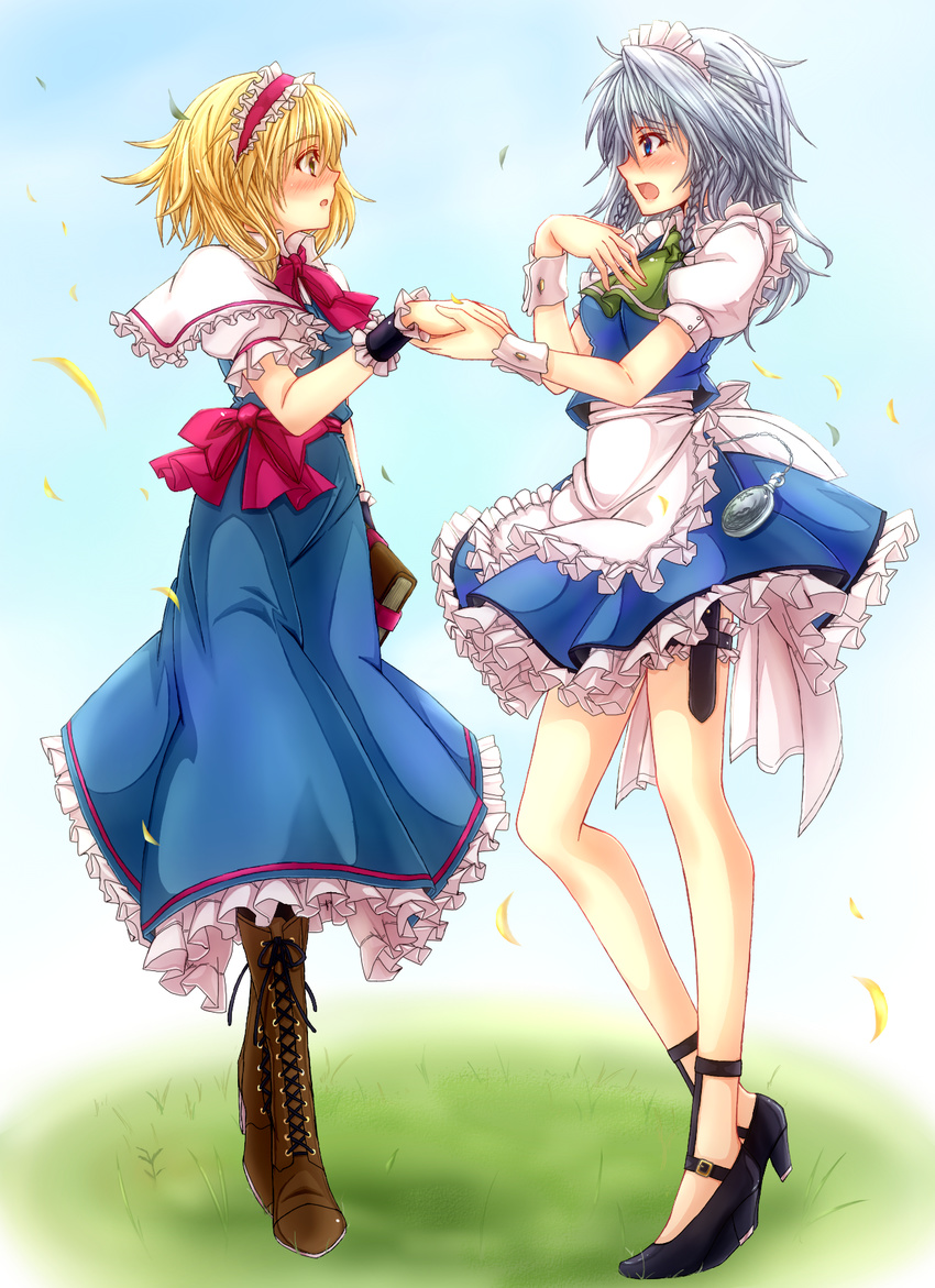 alice_margatroid ascot blonde_hair blush book boots capelet cross-laced_footwear highres holding_hands izayoi_sakuya knee_boots lace-up_boots legs maid maid_headdress mickey_dunn multiple_girls open_mouth pantyhose petals pocket_watch short_hair silver_hair touhou watch wrist_cuffs yuri