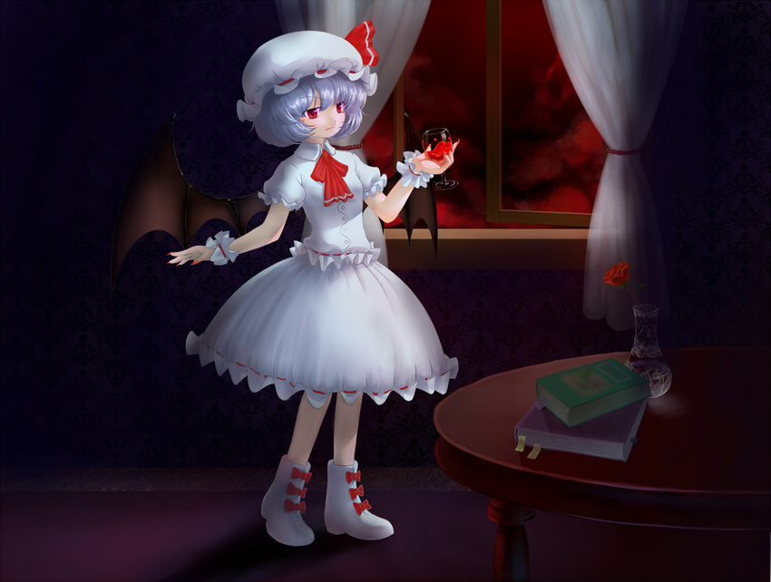 bat_wings blue_hair book bookmark boots cup curtains drinking_glass fang flower hat hat_ribbon highres puffy_sleeves red_eyes remilia_scarlet ribbon rose short_hair short_sleeves smile solo standing table touhou vase window wine_glass wings wrist_cuffs zimajiang