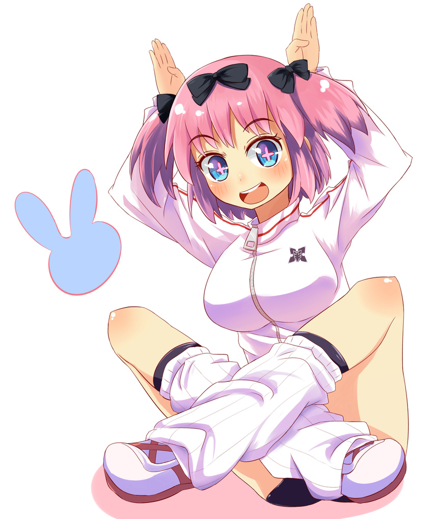 1girl blue_eyes bow breasts buruma cupen hair_bow hair_ornament hibari_(senran_kagura) highres large_breasts leg_warmers open_mouth pink_hair senran_kagura senran_kagura_shoujo-tachi_no_shin'ei short_hair smile solo sweatshirt twintails