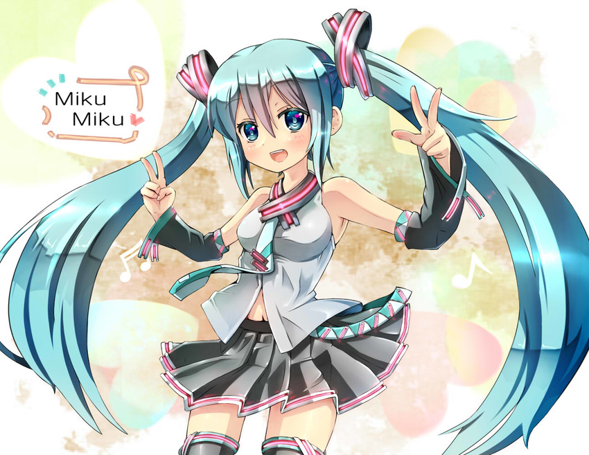 :d aqua_eyes aqua_hair bare_shoulders black_legwear blush character_name detached_sleeves double_v hatsune_miku heart long_hair necktie open_mouth skirt smile solo thighhighs twintails unomi v very_long_hair vocaloid