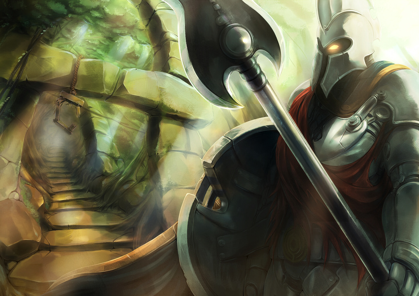 broken cape donarudo gauntlets glowing glowing_eyes helmet highres lantern league_of_legends male_focus pantheon_(league_of_legends) polearm rope shield solo spear stairs sunlight weapon