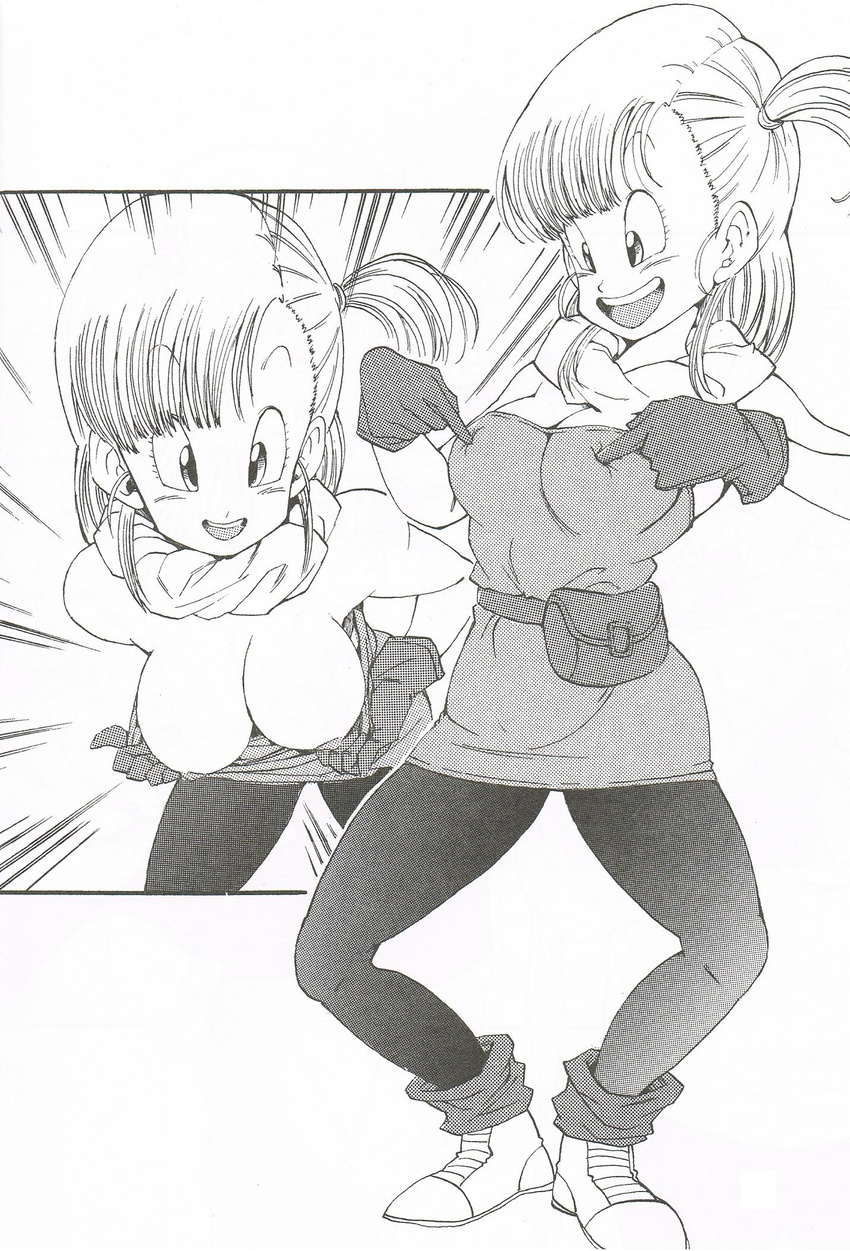 1girl areolae belt breast_poke breasts bulma cleavage dragon_ball dress female gloves highres large_breasts legs long_hair looking_at_viewer looking_down monochrome nipples open_mouth poking scarf shoes side_ponytail smile socks standing thighs toriyama_akira toriyama_akira_(style) young_jijii