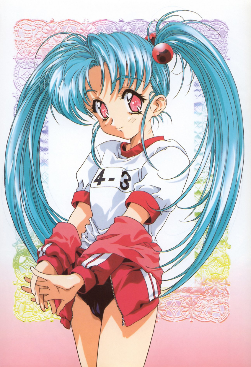 aqua_hair black_buruma buruma gym_uniform hair_bobbles hair_ornament hands_together highres jacket kawarajima_kou long_hair looking_at_viewer masaki_sasami_jurai own_hands_together pink_eyes red_jacket scan shirt smile solo tenchi_muyou! track_jacket twintails white_shirt zipper