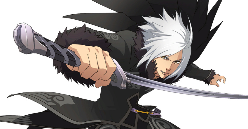 ahoge artist_request black_cape black_coat cape coat fur-trimmed_sleeves fur_coat fur_trim holding holding_sword holding_weapon long_sleeves looking_at_viewer male_focus official_art outstretched_arms solo sword tales_of_(series) tales_of_xillia transparent_background unsheathed upper_body v-shaped_eyebrows weapon white_hair wingul_(tales) yellow_eyes
