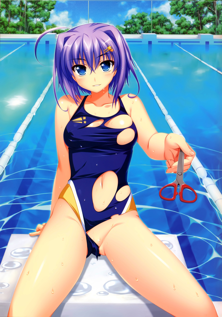 absurdres ahoge alpha_(yukai_na_nakamatachi) arm_support bare_shoulders blue_eyes censored chain-link_fence competition_swimsuit convenient_censoring fence foreshortening grin highres lane_line looking_at_viewer makishima_amane naughty_face navel okiba_ga_nai! one-piece_swimsuit partially_visible_vulva perspective pool poolside purple_hair scan scissors shiny shiny_skin short_hair sitting skindentation smile solo starting_block swimsuit taut_clothes torn_clothes torn_swimsuit vanishing_point wet