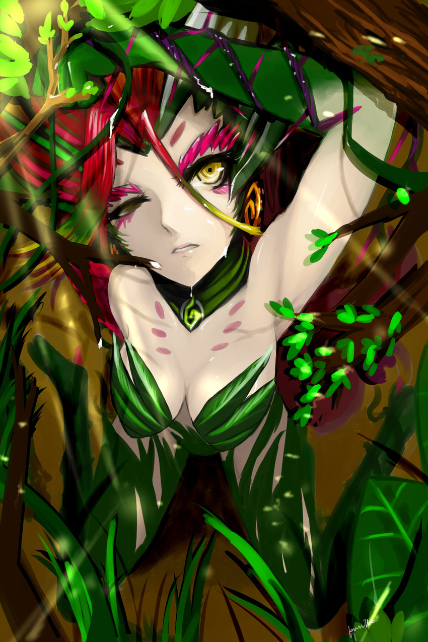 bare_shoulders branch breasts collar green_hair highres kumiko_shiba leaf league_of_legends medium_breasts monster_girl multicolored_hair plant red_hair signature sitting solo suggestive_fluid thorns tree vines wariza wince yellow_eyes zyra