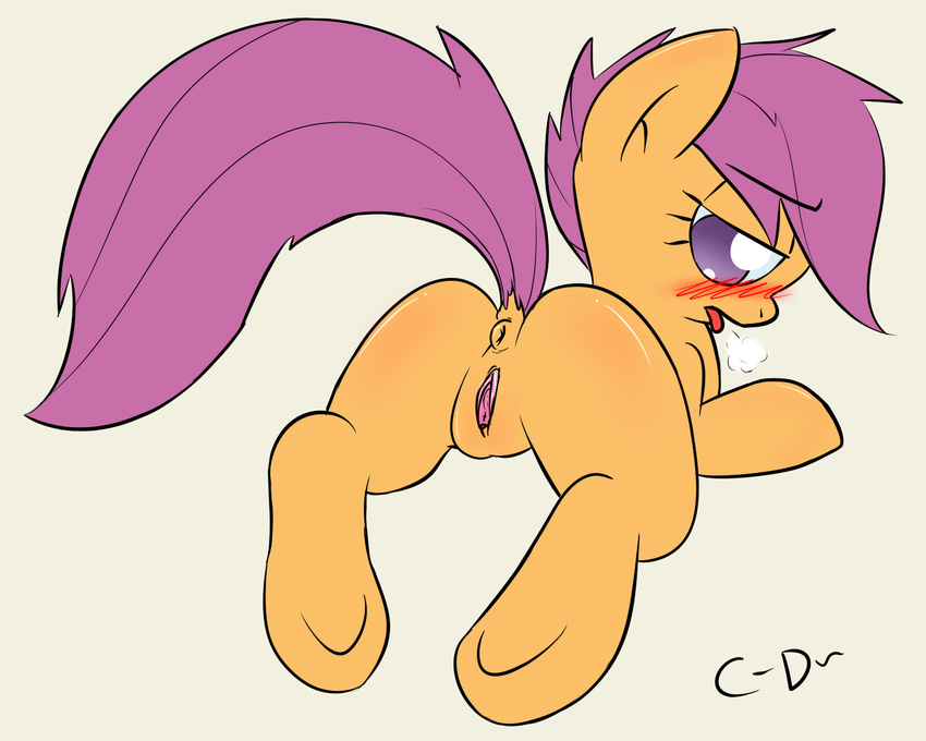 blush butt clopper-dude cub equine female feral friendship_is_magic hair hooves horse mammal my_little_pony open_mouth pegasus plain_background pony purple_eyes pussy scootaloo_(mlp) solo tongue tongue_out wings young
