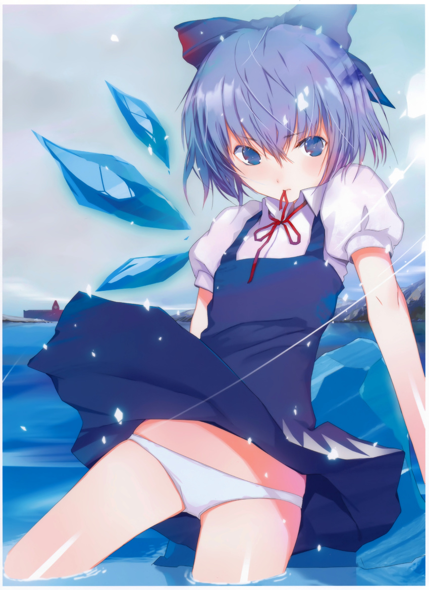 absurdres blue_eyes blue_hair bow cirno cloud cloudy_sky dress dress_lift fuyuno_haruaki hair_bow highres ice misty_lake mouth_hold panties puffy_sleeves ribbon ribbon_in_mouth scan scarlet_devil_mansion short_hair sky solo touhou underwear wading water white_panties wings