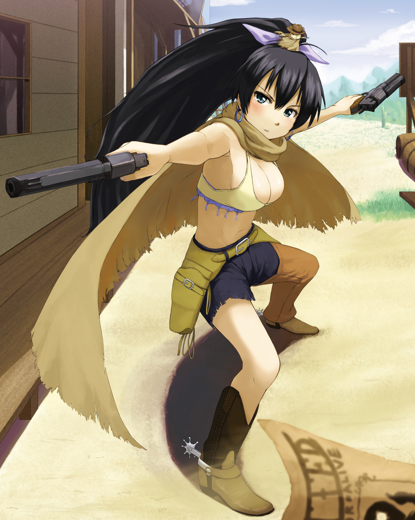 absurdres alternate_costume animal animal_on_head asymmetrical_clothes bare_shoulders belt black_hair blue_eyes blush boots breasts bursting_breasts cleavage cloak cosplay cowboy_hat earrings full_body ganaha_hibiki gun hamster hamuzou handgun hat highres holster idolmaster idolmaster_(classic) jewelry large_breasts long_hair mateba_model_6_unica midriff mouse on_head outstretched_arms ponytail pose revolver shorts solo spread_arms tsukikase very_long_hair wanted weapon western