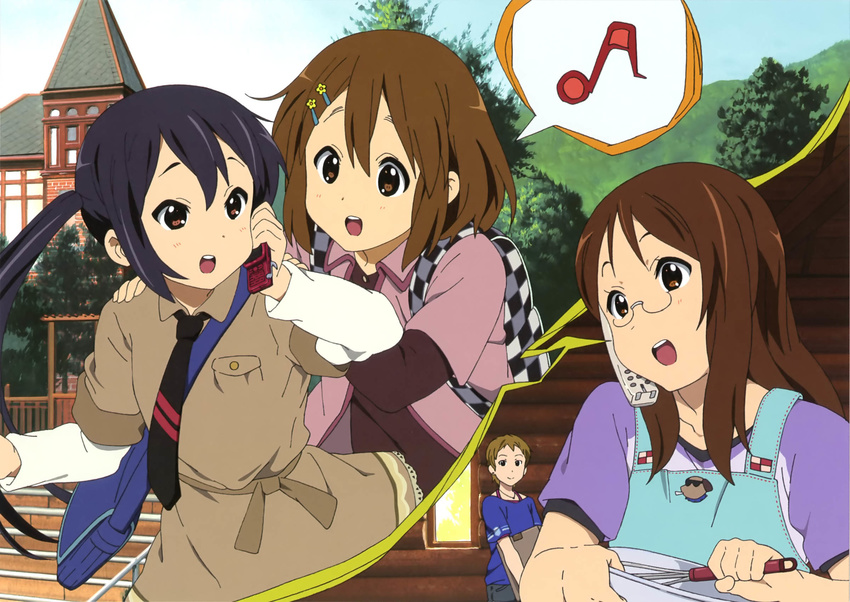 bag black_hair brown_eyes brown_hair hair_ornament hairclip highres hirasawa_yui k-on! kawaguchi_norimi long_hair multiple_girls nakano_azusa necktie official_art open_mouth smile twintails yamanaka_sawako