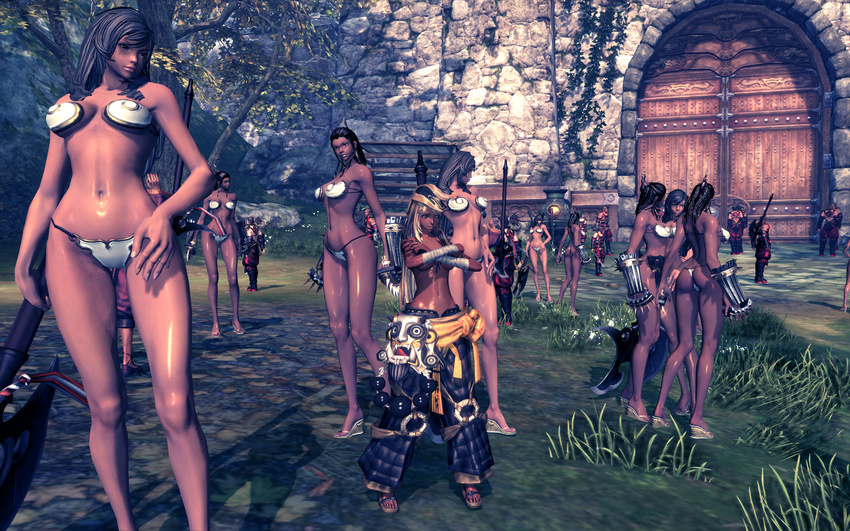 3d 6+boys 6+girls ass bikini black_hair blade_&amp;_soul blonde_hair breasts crossed_arms dark_skin from_behind gate hand_on_hip highres huge_weapon multiple_boys multiple_girls navel scar screencap shiny shiny_skin standing swimsuit thigh_gap toes tree weapon white_swimsuit