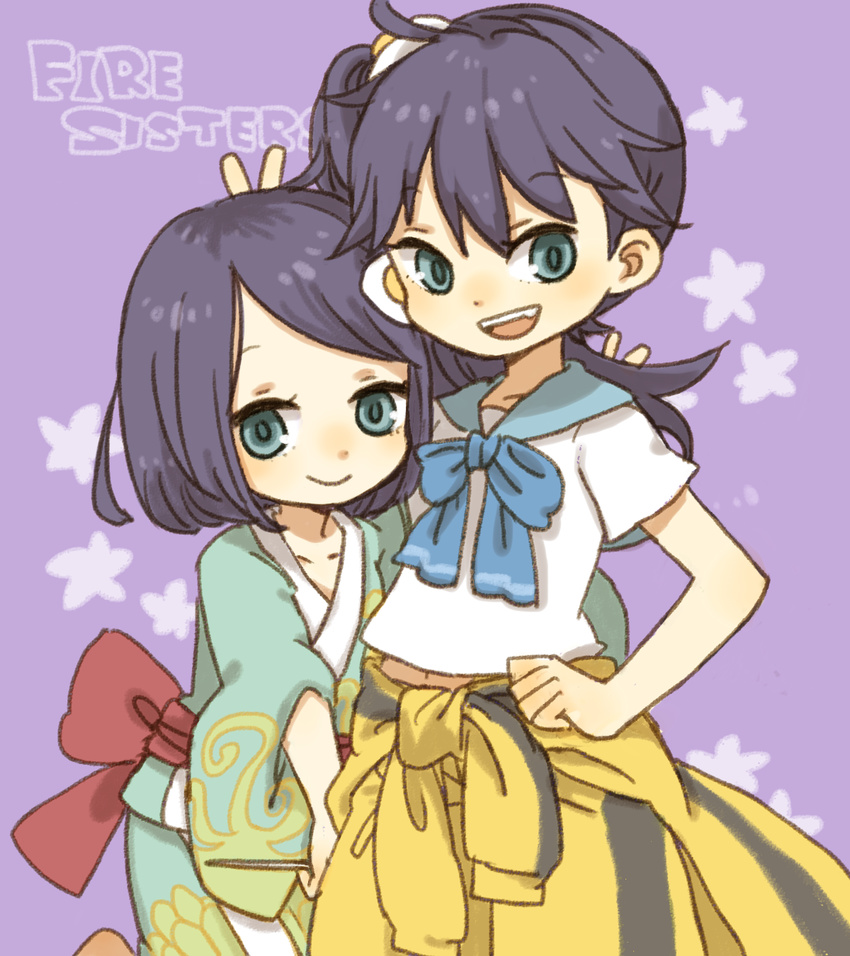 araragi_karen araragi_tsukihi black_hair clothes_around_waist english fang fried_egg green_eyes hair_ornament highres jacket_around_waist japanese_clothes kimono monogatari_(series) multiple_girls nisemonogatari open_mouth school_uniform short_hair short_sleeves siblings side_ponytail sisters smile v yukke