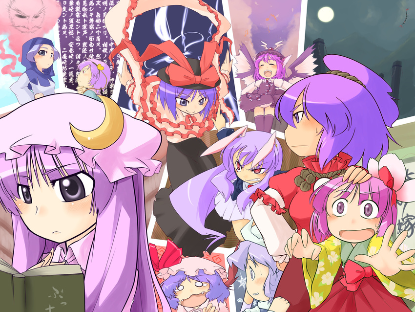 absurdres animal_ears bad_id bad_pixiv_id bird_wings blush book bow bunny_ears clenched_teeth closed_eyes cloud color_connection crescent electricity flower full_moon gap grey_eyes hair_color_connection hair_ornament hairband hamahara_yoshio hat hat_bow hat_ribbon heart hieda_no_akyuu highres hood kumoi_ichirin letty_whiterock long_hair long_sleeves moon multiple_girls musical_note mystia_lorelei nagae_iku onbashira open_mouth outstretched_arms panties patchouli_knowledge pink_hair ponytail puffy_sleeves purple_eyes purple_hair red_eyes reisen_udongein_inaba remilia_scarlet ribbon shawl short_hair smile sweatdrop symbol-shaped_pupils tears teeth touhou translation_request underwear unzan wide_sleeves wings yasaka_kanako