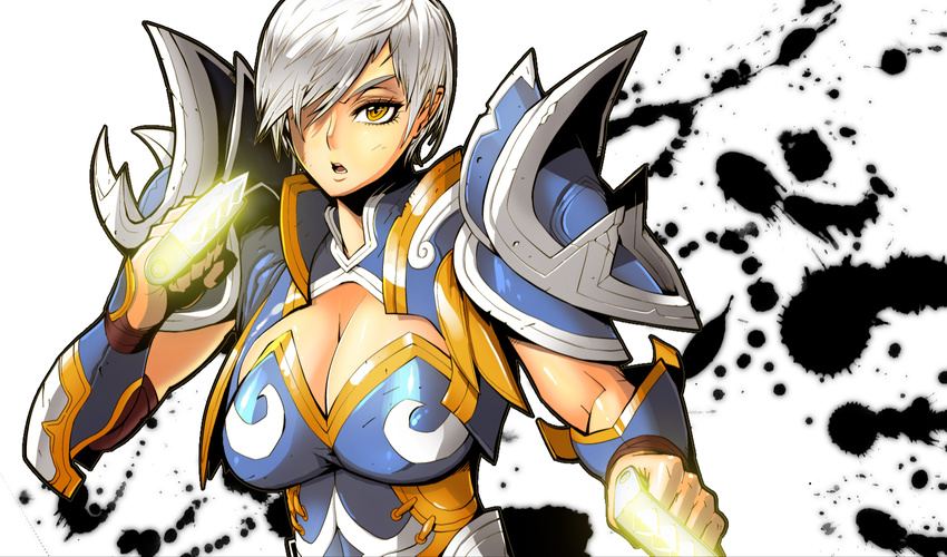 armor brass_knuckles breasts butcherboy cleavage_cutout diablo diablo_3 hair_over_one_eye heart large_breasts monk_(diablo_3) pauldrons short_hair solo spiked_knuckles spikes upper_body vambraces weapon white_hair