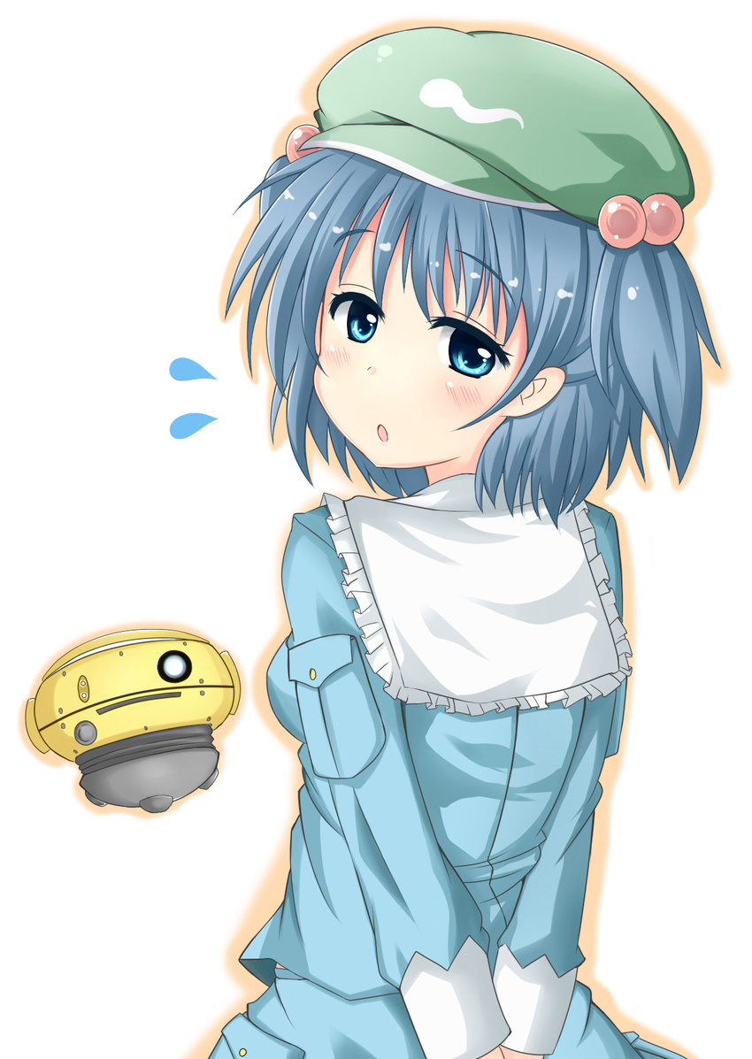 arms_behind_back bad_id bad_pixiv_id blue_eyes blue_hair blush flubber flying_sweatdrops hair_bobbles hair_ornament hat highres kawashiro_nitori long_sleeves looking_back nowheresoul open_mouth short_hair solo touhou two_side_up weebo