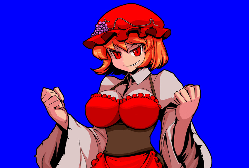 aki_minoriko alternate_hair_color blue_background breasts clenched_hands evil evil_smile food fruit grapes grin hat large_breasts long_sleeves mono_(moiky) orange_hair red_eyes short_hair slit_pupils smile smirk solo touhou wide_sleeves