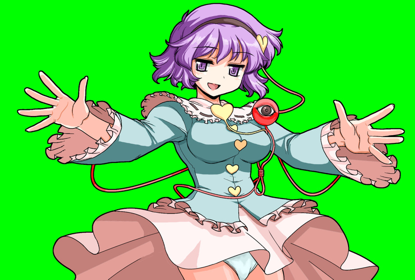 alternate_breast_size breasts brown_eyes green_background hairband heart komeiji_satori large_breasts long_sleeves mono_(moiky) open_mouth purple_eyes purple_hair solo third_eye touhou wide_sleeves