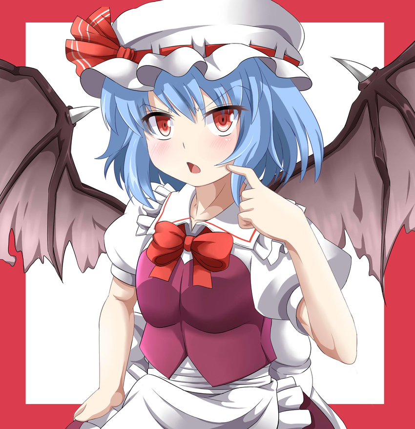 absurdres apron bad_id bad_pixiv_id bat_wings blue_hair blush e.o. hat hat_ribbon highres maid open_mouth puffy_sleeves red_eyes remilia_scarlet ribbon short_hair short_sleeves skirt solo touhou vest wings