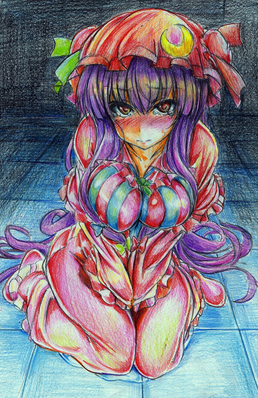 blush breasts crescent hat highres large_breasts long_hair looking_at_viewer nichibotsu_(kitaziman) nightgown patchouli_knowledge pee peeing peeing_self purple_eyes purple_hair sitting solo touhou traditional_media v_arms very_long_hair