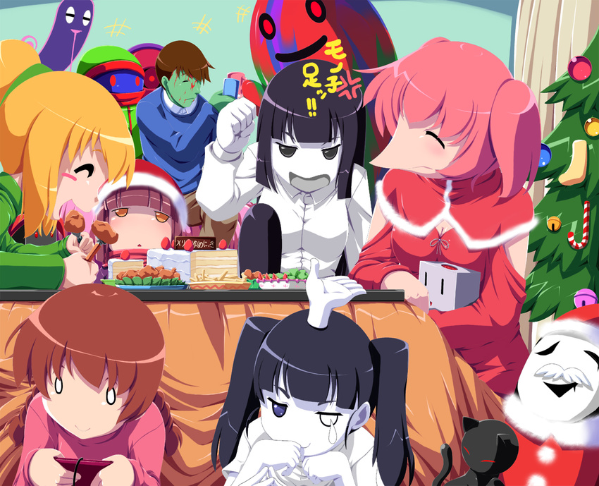 6+girls anger_vein angry black_cat black_eyes black_hair blonde_hair blue_eyes brown_hair cake cat christmas christmas_tree closed_eyes eating extra_arms food happy kotatsu kyukkyu-kun long_hair madotsuki mafurako monoe monoko multiple_girls open_mouth pink_hair pink_shirt poniko ponytail rapama santa_costume shirt shitaisan short_hair smile source_request table tokuto-kun toriningen translated tree twintails uboa yume_nikki