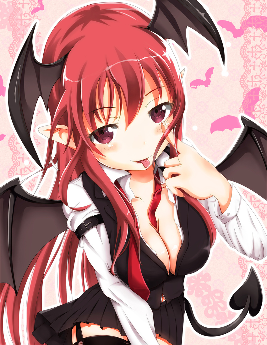 :p akanbe bat_wings belt black_legwear blush breasts cleavage collarbone demon_tail demon_wings dress_shirt garter_straps head_wings highres koakuma large_breasts long_hair long_sleeves naughty_face pleated_skirt pointy_ears red_eyes red_hair shirt skirt solo tail tenchou_no_matsumoto thighhighs tongue tongue_out touhou vest wings zettai_ryouiki