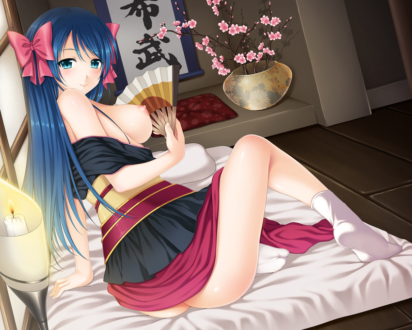 aqua_eyes armor bed blue_hair bow breasts cherry_blossoms fan japanese_clothes long_hair nagahide_niwa nipples nopan oda_nobuna_no_yabou rensanma samurai socks yukata