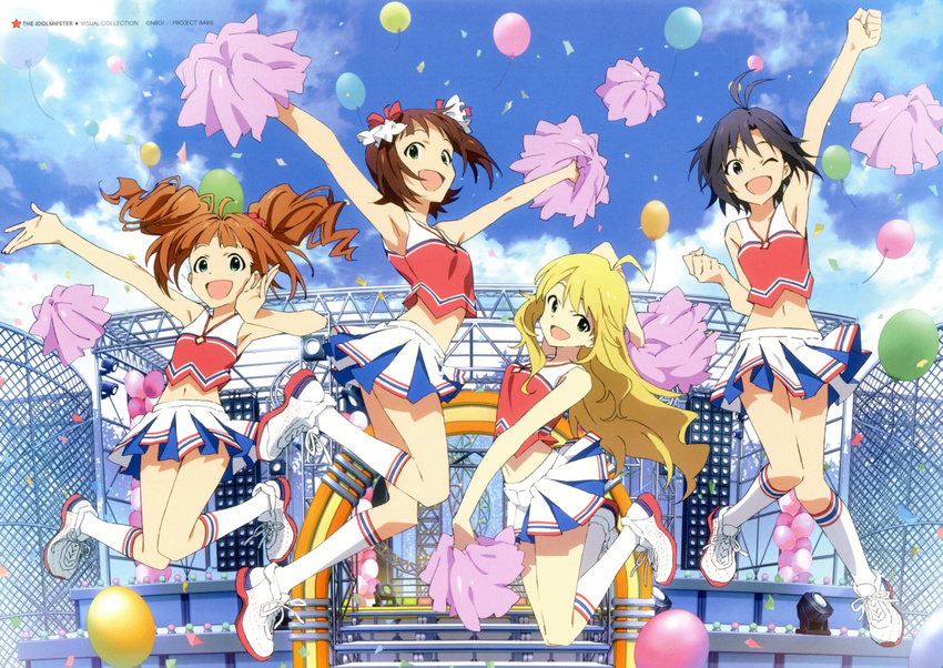 :d ;d \o/ absurdres amami_haruka arm_up armpits arms_up balloon black_hair blonde_hair brown_hair cheerleader cloud confetti day drill_hair green_eyes highres hoshii_miki idolmaster idolmaster_(classic) jumping kikuchi_makoto kneehighs midriff multiple_girls navel non-web_source one_eye_closed open_mouth outstretched_arms pom_poms shoes short_hair sky smile sneakers socks takatsuki_yayoi twintails