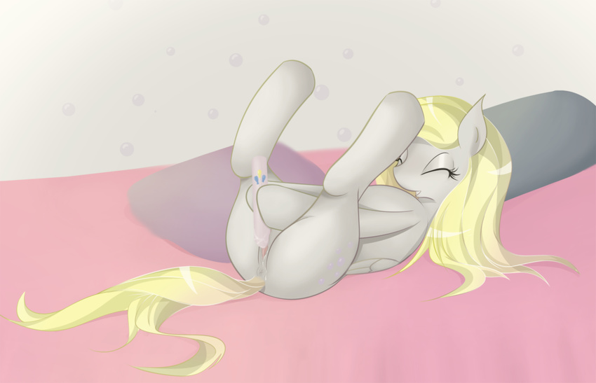 anus blonde_hair butt cutie_mark derpy_hooves_(mlp) deviousderpy dildo equine eyes_closed female feral friendship_is_magic hair horse mammal my_little_pony open_mouth pegasus pillow pony pussy pussy_juice sex_toy solo v-invidia wings