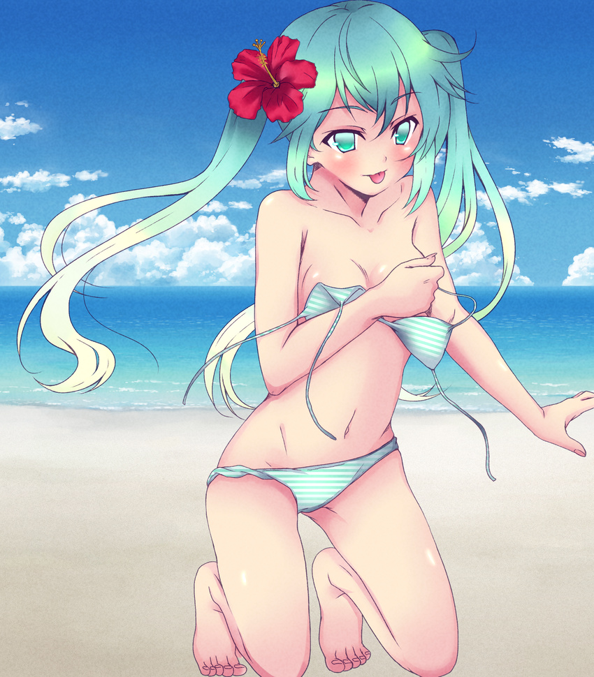 :p bad_id bad_pixiv_id bare_shoulders barefoot beach bikini blue_eyes blush breasts cloud day flower green_hair hatsune_miku hibiscus highres horizon kneeling kobayashi_marina long_hair medium_breasts navel ocean outdoors sand sky solo striped swimsuit tongue tongue_out twintails vocaloid water