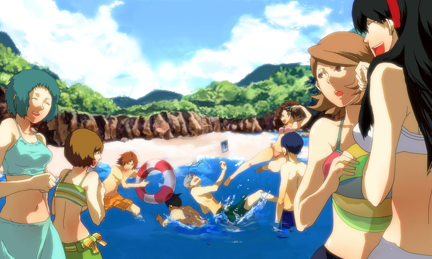 5girls ^_^ amagi_yukiko aqua_hair bad_id bad_pixiv_id ball beach beachball bikini black_hair blue_hair blue_sky brown_hair closed_eyes cloud day evoker female_protagonist_(persona_3) glasses green_hair grey_hair gun_to_head hairband hanamura_yousuke hat innertube iori_junpei kicking laughing long_hair male_swimwear multiple_boys multiple_girls narukami_yuu open_mouth outdoors persona persona_3 persona_3_portable persona_4 pink_bikini red_eyes satonaka_chie short_hair siroco sky smile swim_trunks swimsuit swimwear takeba_yukari tarot tears water white_bikini white_swimsuit yamagishi_fuuka yuuki_makoto